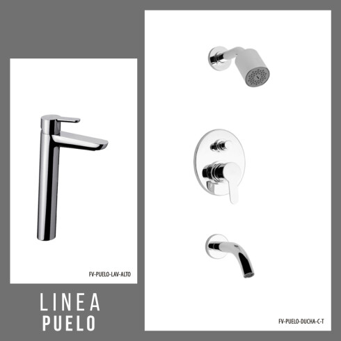 JUEGO DE GRIFERIA, INCLUYE DUCHA EMBUTIDA CON TRANSFERENCIA Y LAVATORIO ALTO LINEA PUELO FV CROMO