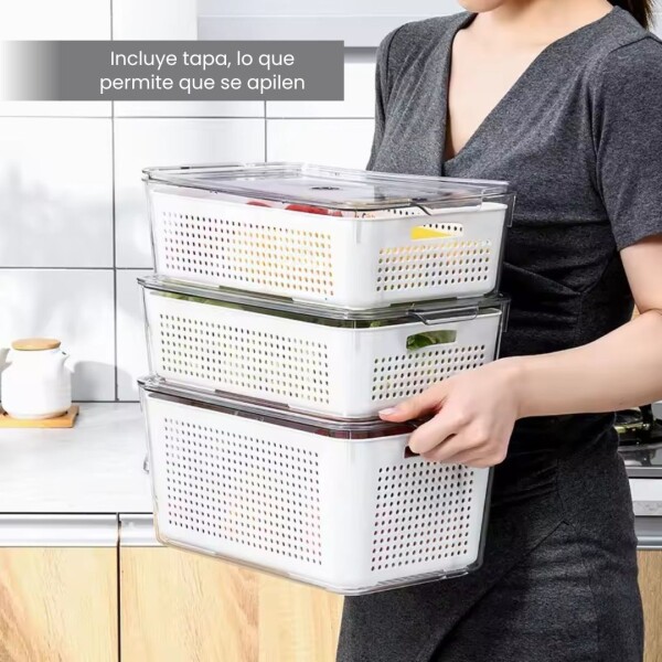 Set de 2 Cestos Organizadores IMBACK con Tapa y Drenaje – Heladera Apilables Set de 2 Cestos Organizadores IMBACK con Tapa y Drenaje – Heladera Apilables