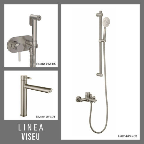 JUEGO COMPLETO DE GRIFERIA MONOCOMANDO DE BAÑO ACERO 304. LAVATORIO ALTO, DUCHA EXTERIOR CON BARRA Y DUCHA HIGIENICA AQUALIA SER 000