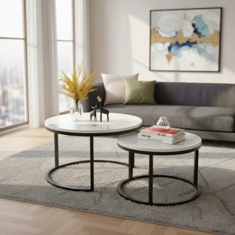 Set De Mesas Ratonas Circulares Nido Simil Marmol Blanco/Negro