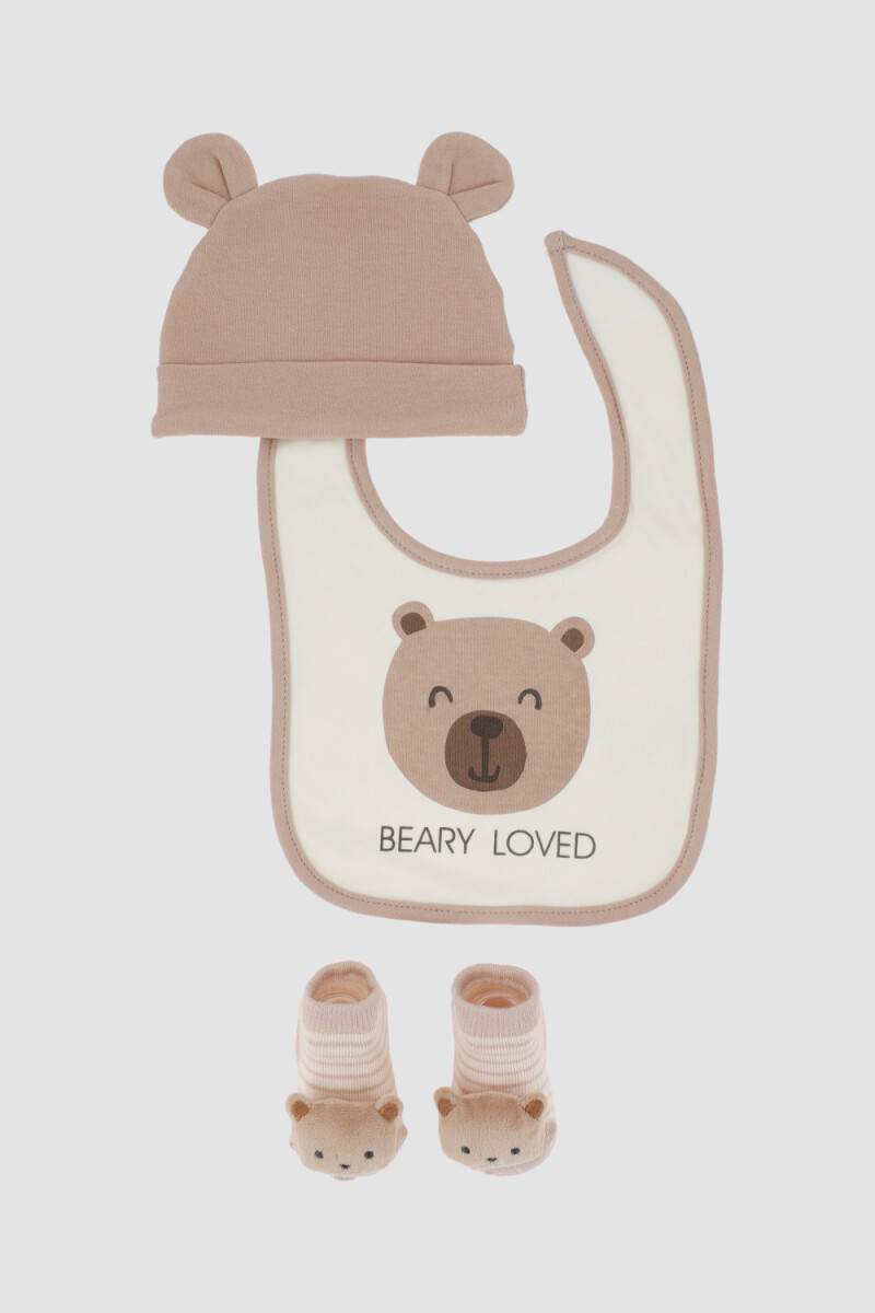 Pack gorro babero y medias oso - Beige 