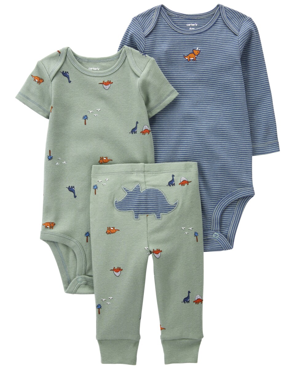 Set tres piezas de algodón, pantalón y bodies, diseño dinos 