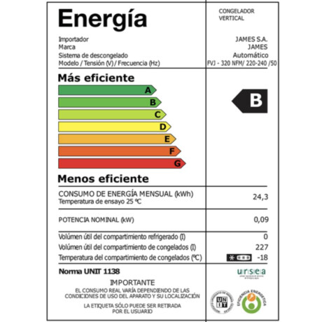 Heladera JAMES FVJ-320 NFM NO FROST 227 Lt Blanco