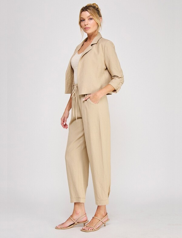 Blazer Crop De Lino Abierto Con Manga Fruncida BEIGE
