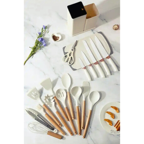 Set Cocina Menage 19Pz Utensillos Cuchillos Tabla c/Soporte Beige