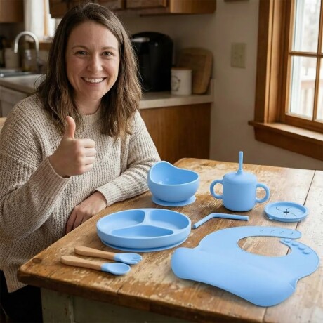Set Alimentación Bebé en Silicona Libre Bpa 10 Piezas Celeste
