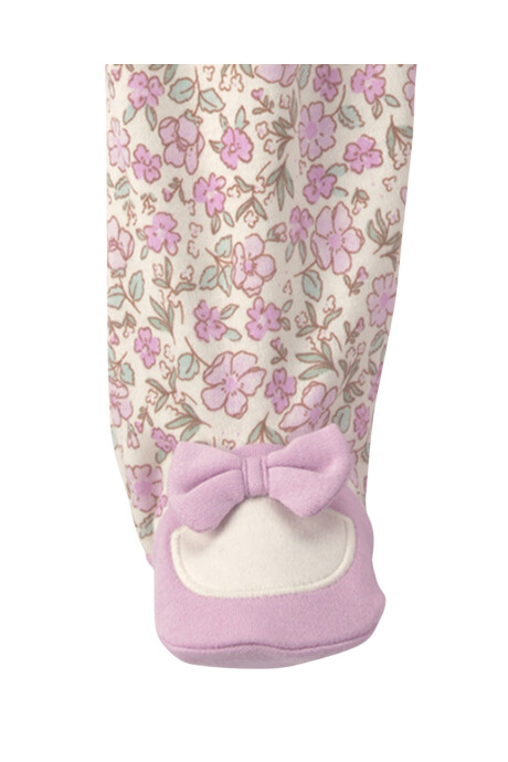 Pijama una pieza de algodón, con pie, lila y crema, diseño floral Pijama una pieza de algodón, con pie, lila y crema, diseño floral