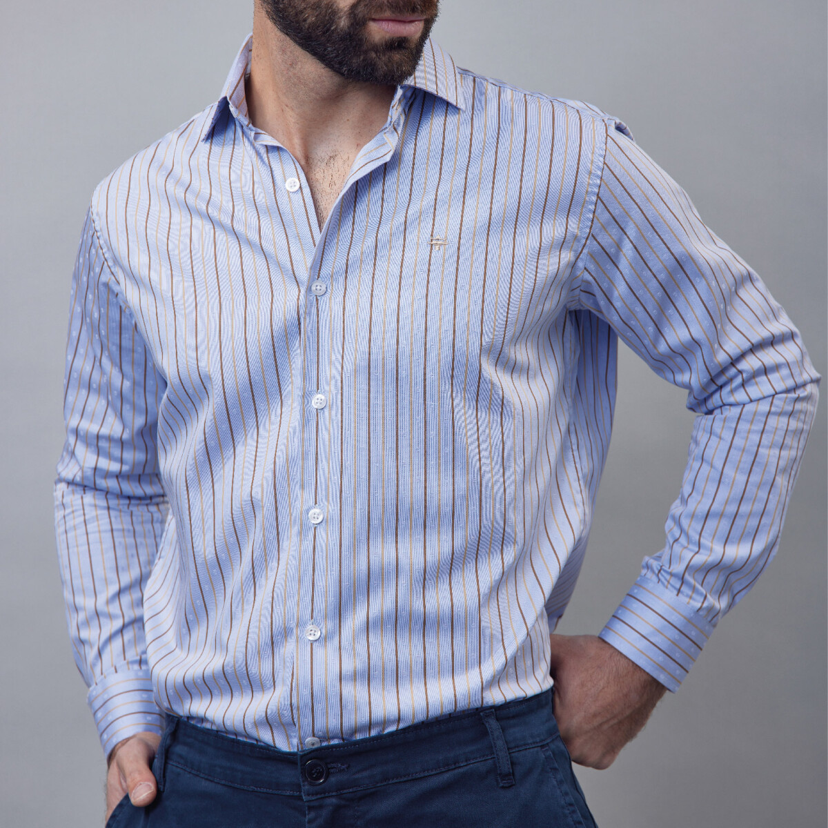 Camisa Luxury - Celeste entramado con rayas 