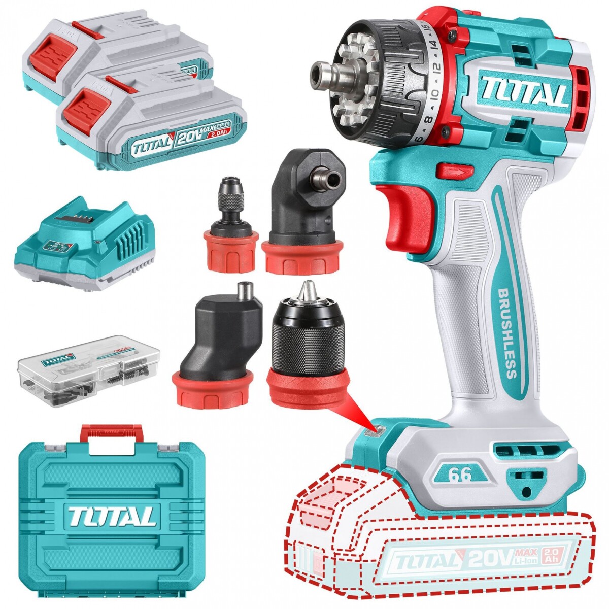 Atornillador Inalámbrico Multifunción 20v 66Nm - Doble Batería, Cargador Y Maletín - Sin Carbones 
