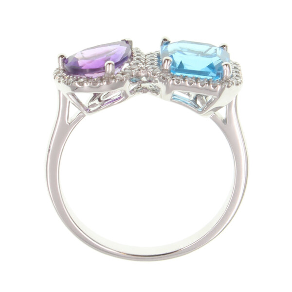 Anillo Anaí de Oro Blanco 18k con Brillantes, Topacio Azul y Amatista Anillo Anaí de Oro Blanco 18k con Brillantes, Topacio Azul y Amatista