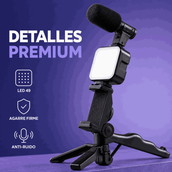 Kit de Grabación para Celular con Trípode Luz LED y Micrófono Negro
