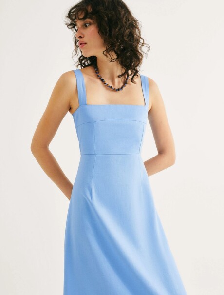 VESTIDO MIDI EN TEJIDO DE LINO CELESTE