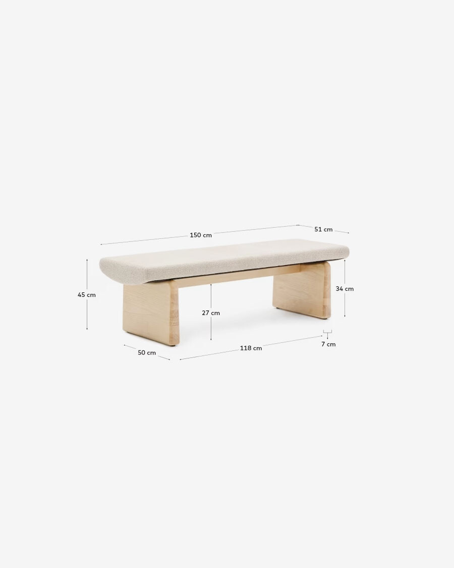Banco Topaz de chenilla beige y madera maciza de fresno con acabado natural 150cm FSC 100%