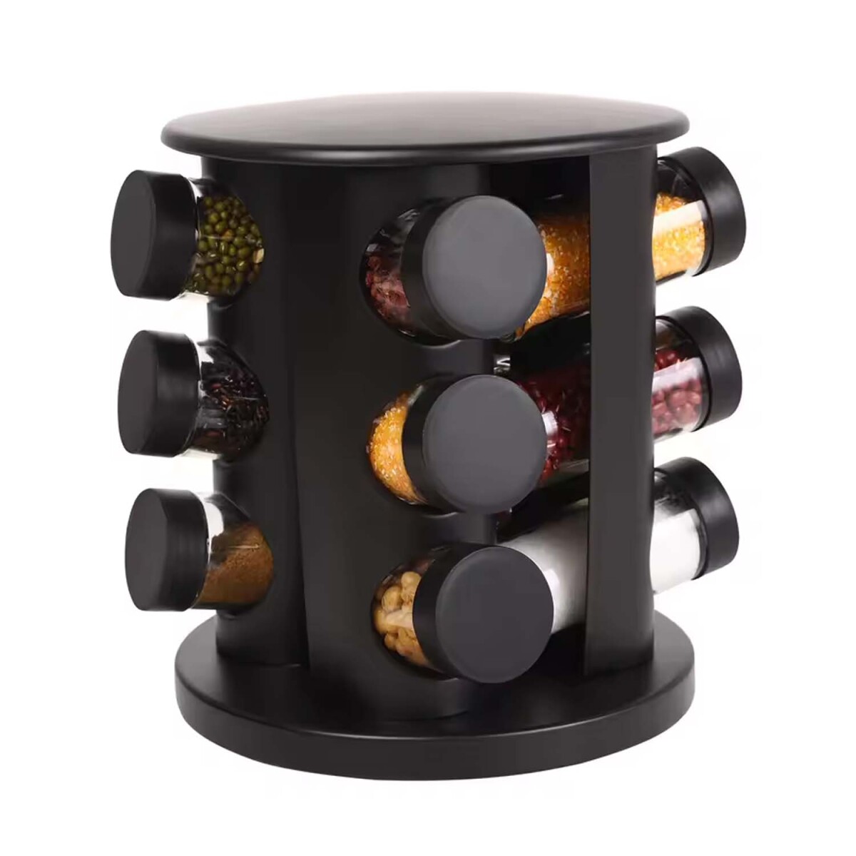 Especiero Giratorio Redondo con 12 Frascos para Condimentos - Negro 
