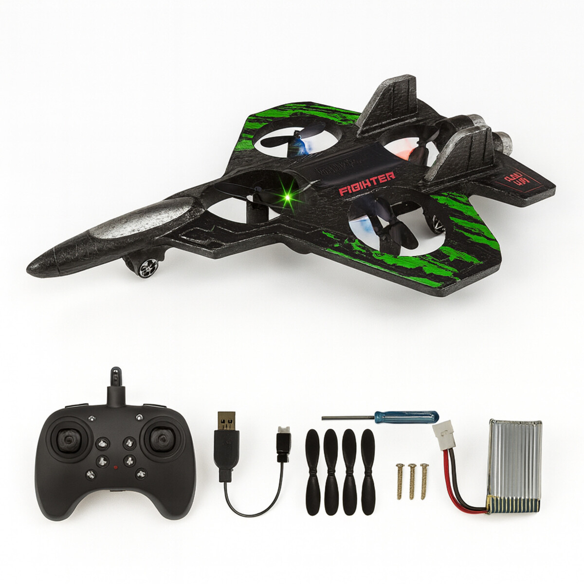 Avión Drone Jet Control Remoto 360° Recargable Espuma 2 Bats - Color Verde 