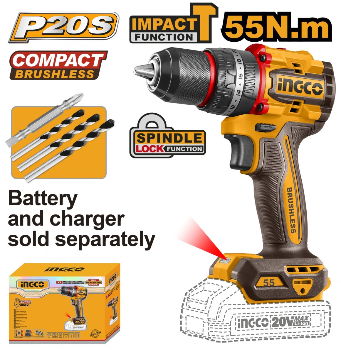 TALADRO ATORNILLADOR C/PERCUTOR A BATERIA 20V P20S BRUSHLESS 55NM CON ACCESORIOS 