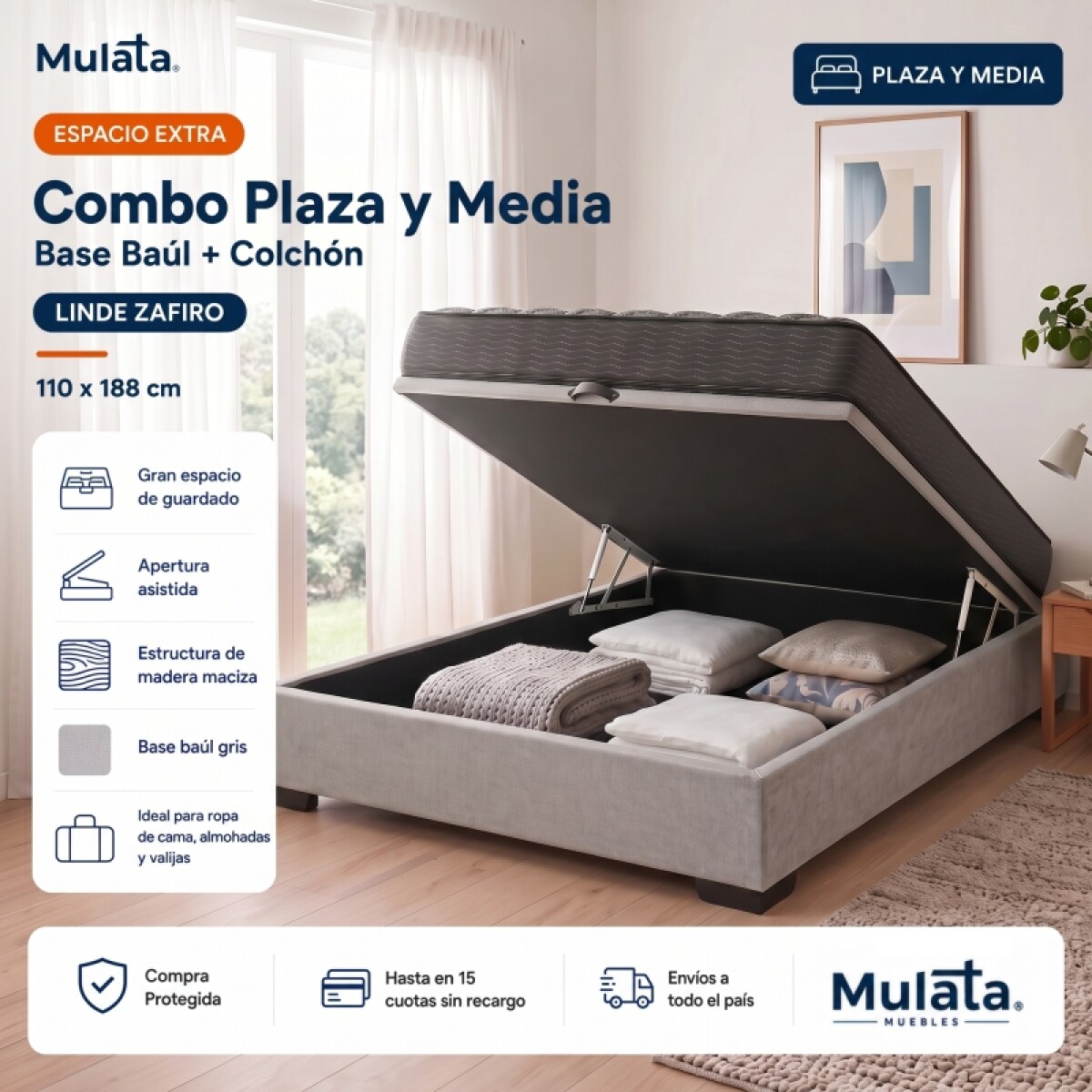 Sommier Baúl Plaza y Media Gris con Colchón Linde Zafiro 110 x 190 Firme 