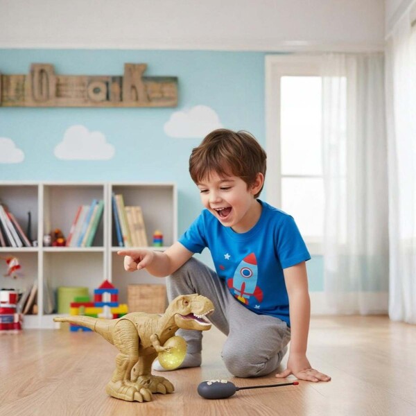 Dinosaurio Tiranosaurio Control Remoto Movimiento Luz Sonido Color Beige