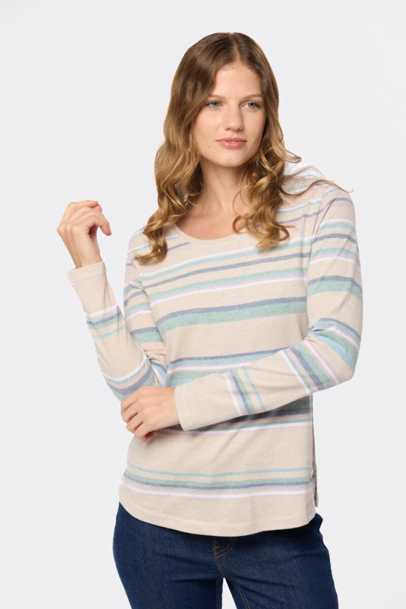 REMERA RAYADA MANGA LARGA - Beige 