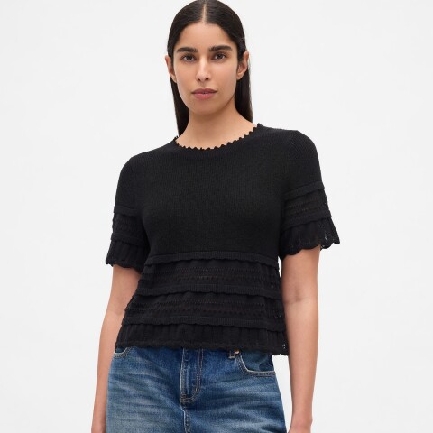SS LINEN POINTELLE TOP BLACK