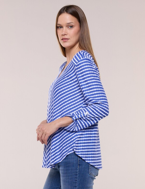 Remera Texturada A Rayas Con Escote V AZUL/BLANCO