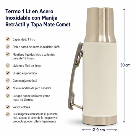 Termo 1Lt Acero Inox con Manija Retráctil y Tapa Mate Comet Blanco