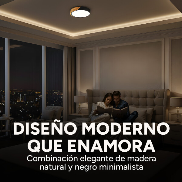Plafón Led Techo 24 Cm Madera Luz Cálida 24W Moderno Nórdico Color Negro