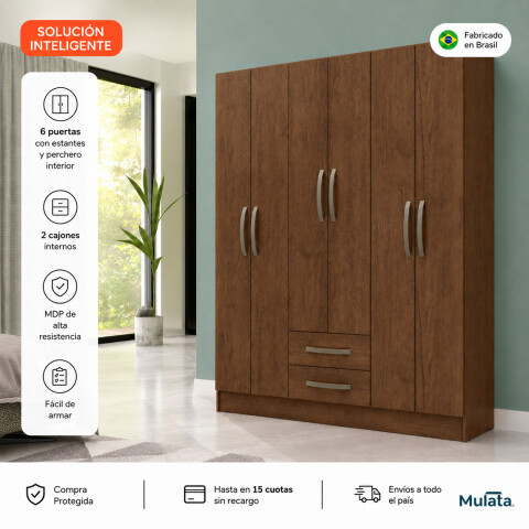 Ropero 6 puertas 2 cajones con estantes y perchero interior natural 172X136X35 - DAKAR Ropero 6 puertas 2 cajones con estantes y perchero interior natural 172X136X35 - DAKAR