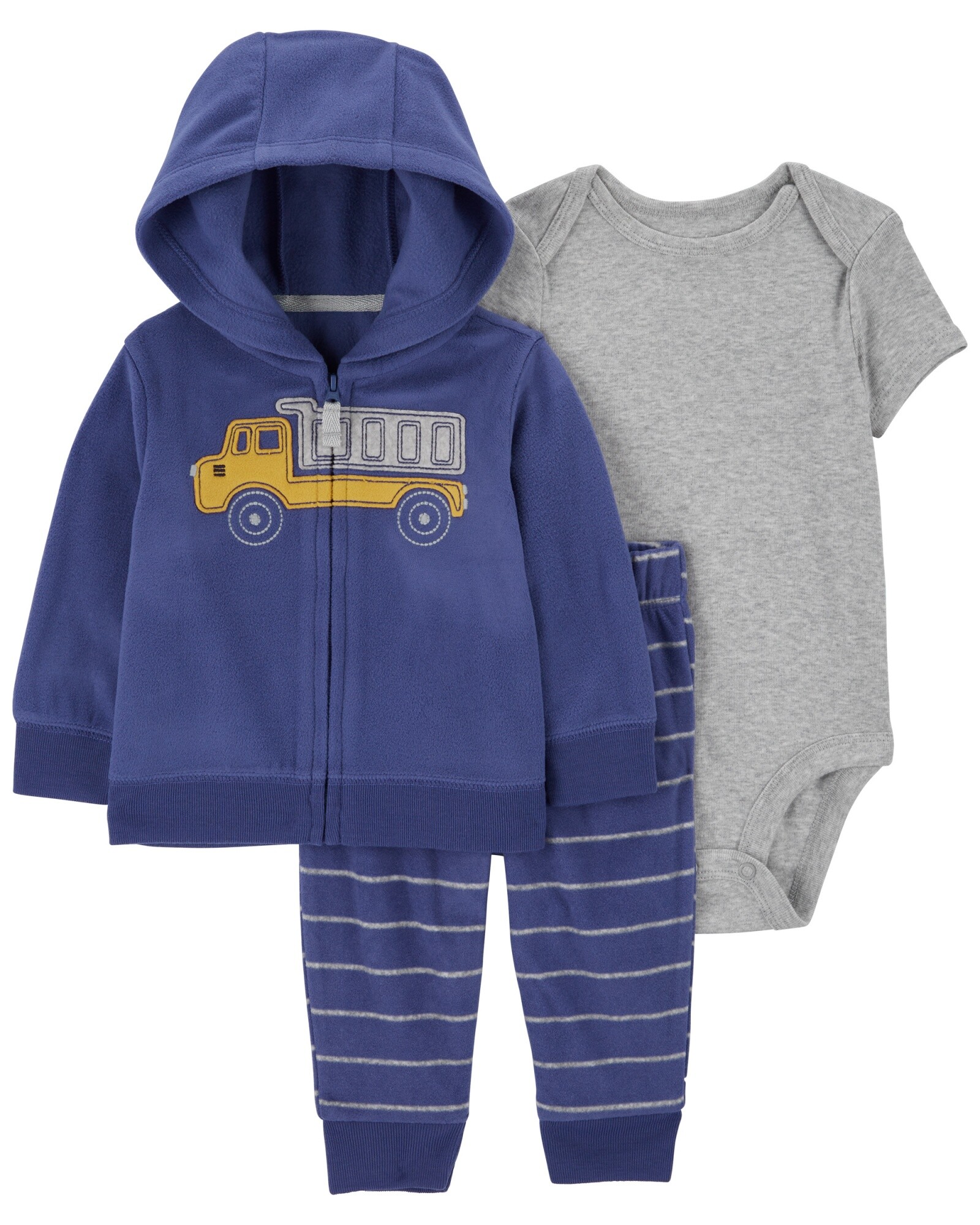 Set tres piezas, campera y pantalón de micropolar, más body de algodón, estampa camión Sin color