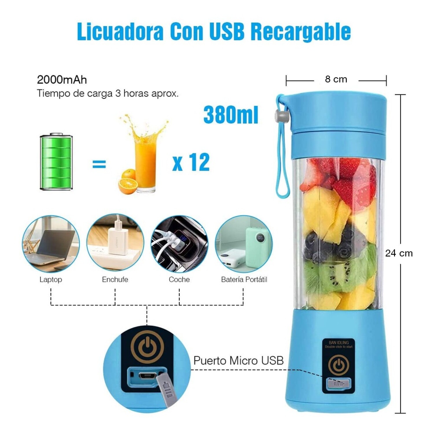 Mini Licuadora Portátil Recargable USB Vaso Removible 380ml - Verde — HTS