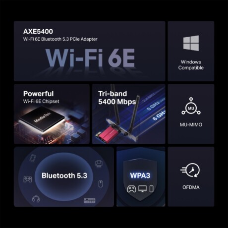 Adaptador PCI Express Tribanda WIFI 6E Mercusys MA86XE AXE5400 + BT 5.3 Adaptador PCI Express Tribanda WIFI 6E Mercusys MA86XE AXE5400 + BT 5.3