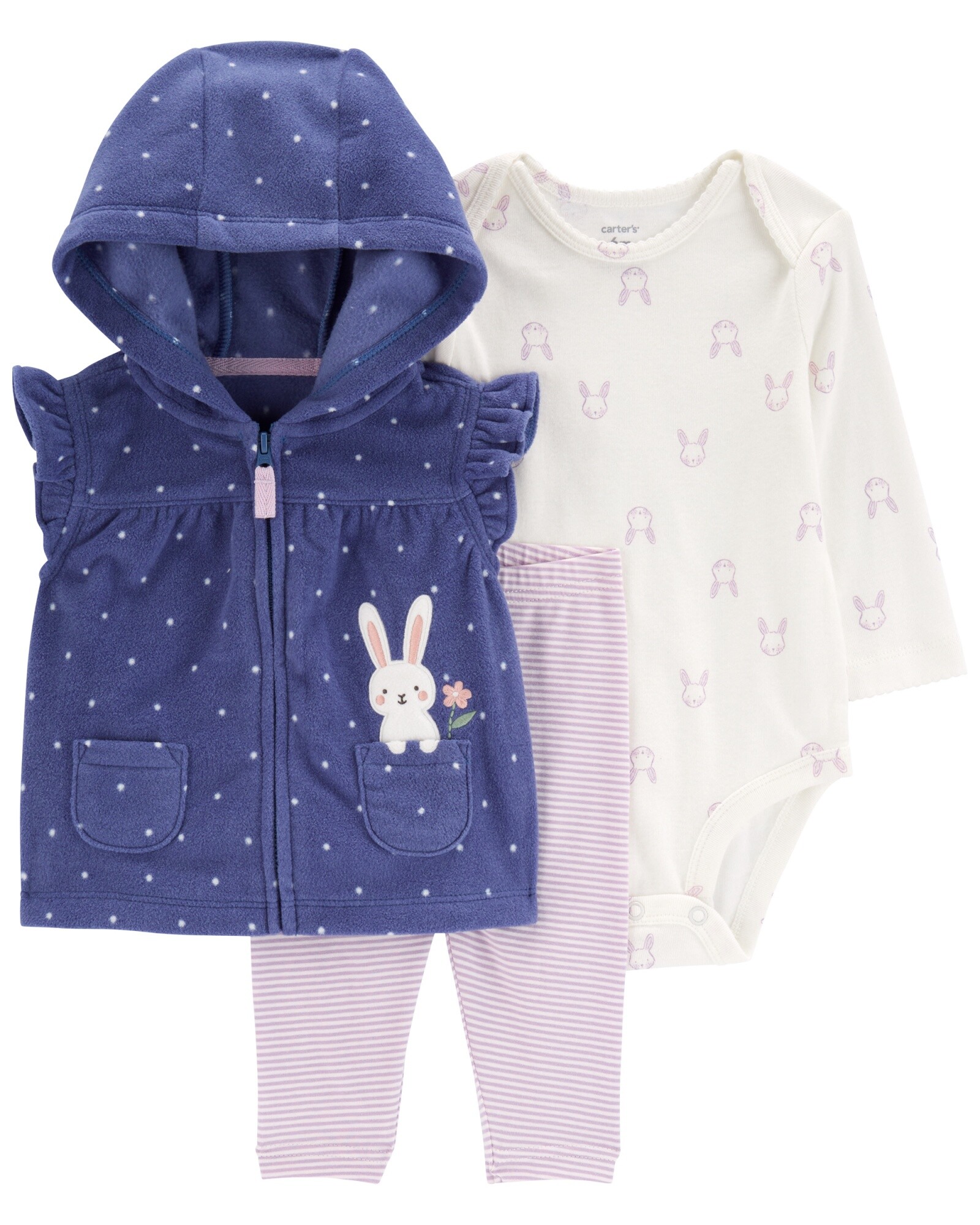 Set tres piezas, chaleco de micropolar, pantalón y body de algodón, diseño conejos Sin color