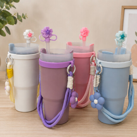 Vaso térmico de acero con accesorios y tapita 420ml Rosado