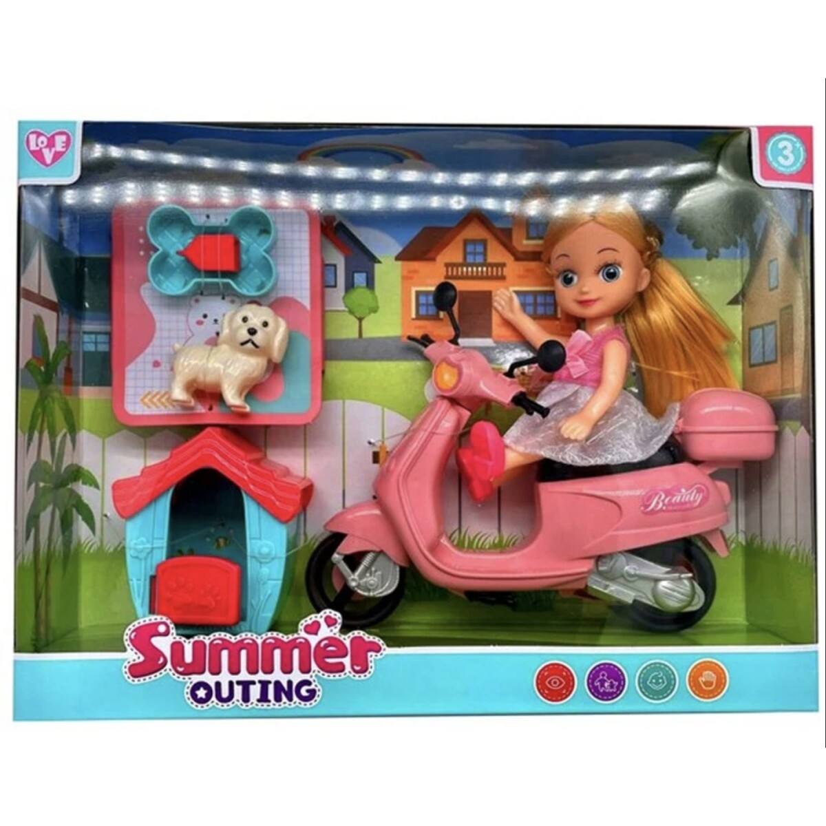 Muñeca en Scooter con Mascota y Casa de Perro 