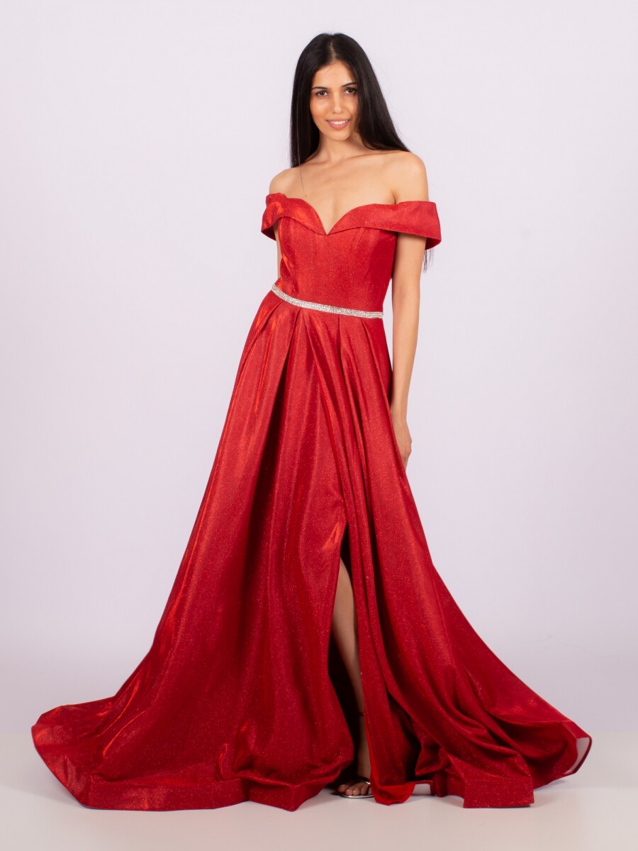 Vestido lurex con cinto - Rojo 