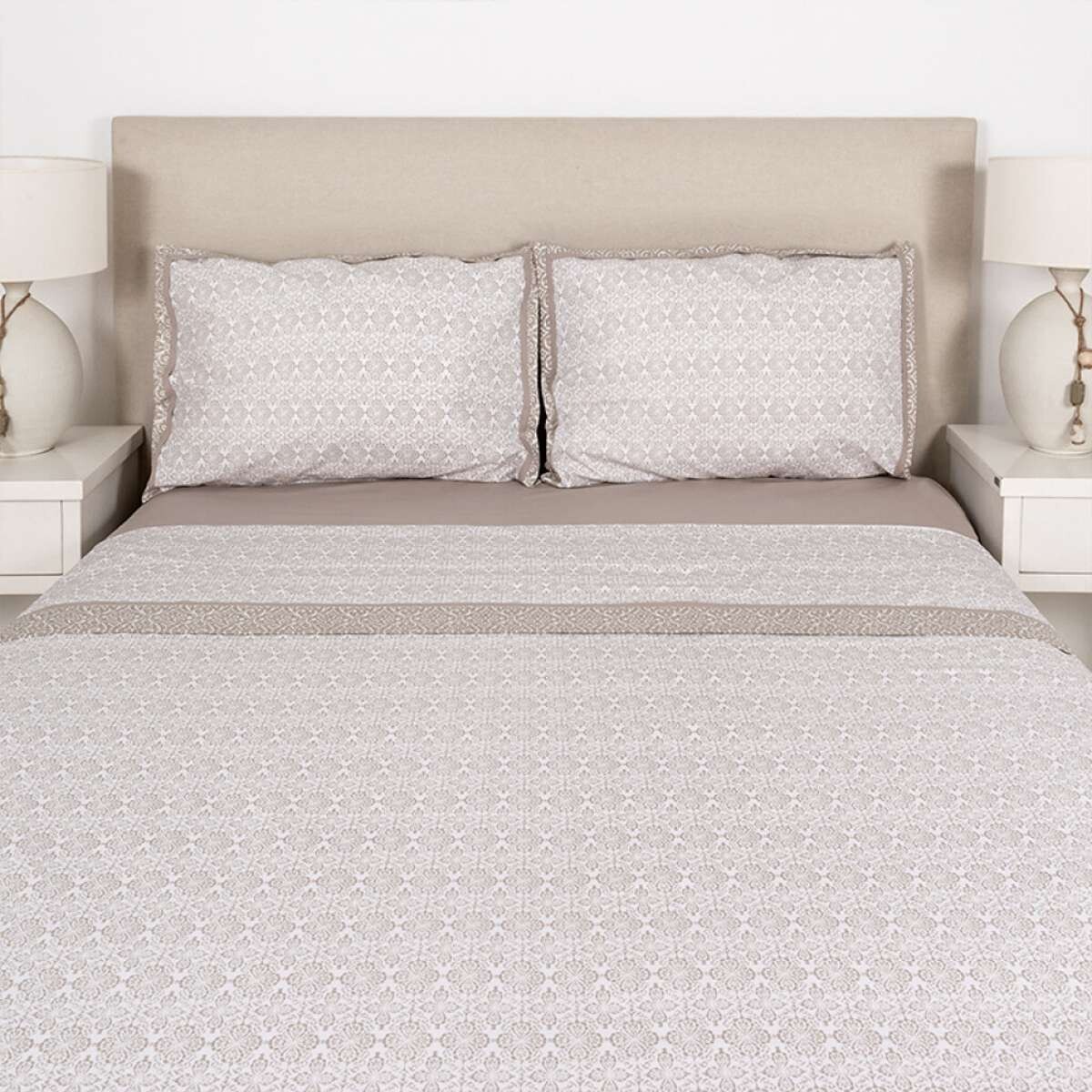 Juego Sábanas 1 Plaza Pilar Estampadas 200 Hilos 100% Algodón - Geometrico Beige 