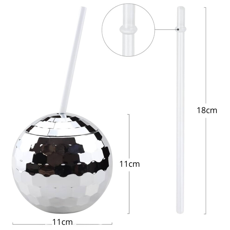 Vaso con sorbito Disco Bola PLATEADO