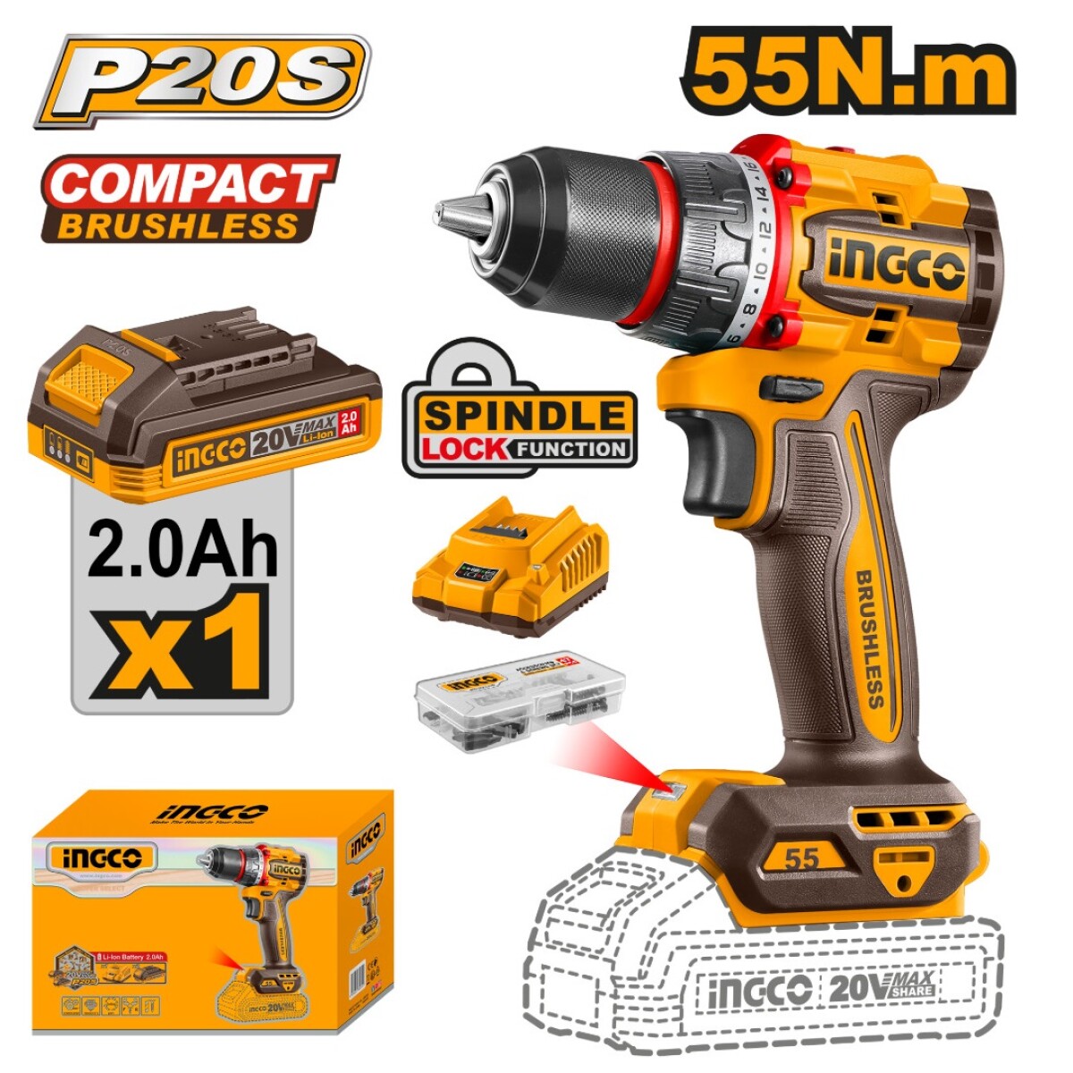 TALADRO ATORNILLADOR A BATERÍA INGCO 20V P20S BRUSHLESS 55NM 