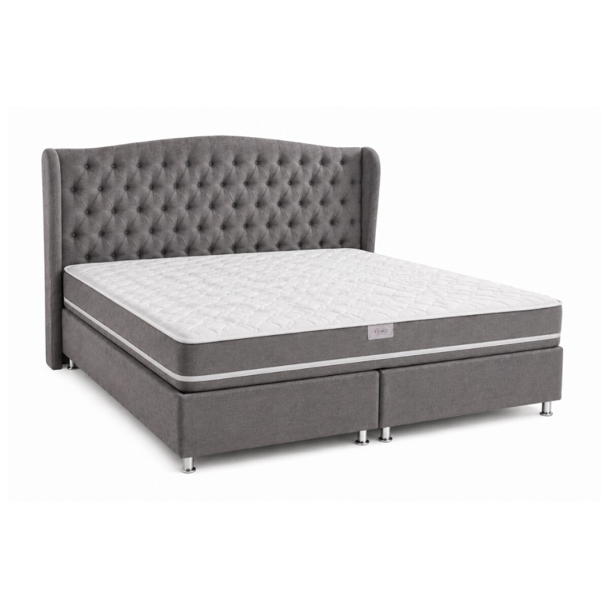 Sommier Kenko 200 x 200 cm (Base + Colchón + Cabecera) - Gris 