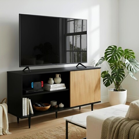Mueble Rack de Tv PADUA de Piso con Puerta y Estantes 136 cm de Ancho - Negro / Freijo Mueble Rack de Tv PADUA de Piso con Puerta y Estantes 136 cm de Ancho - Negro / Freijo