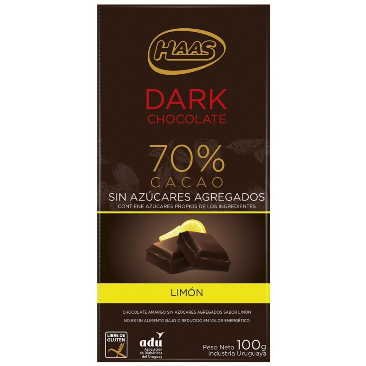 Tableta de Chocolate HAAS Dark 70% Cacao Sin Azúcar Amargo con Limón 100 GR 
