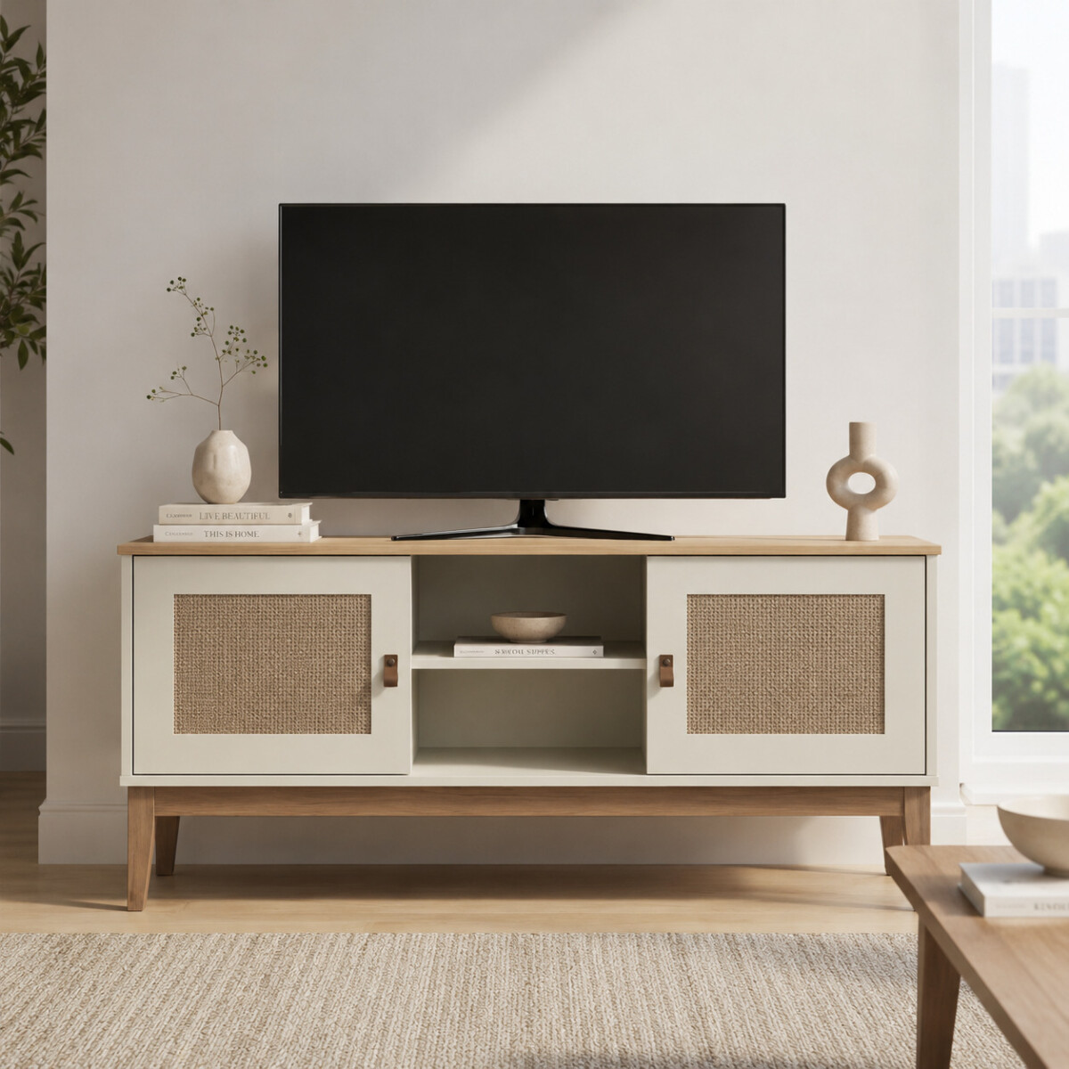 Rack ComboHome Tv 50'' Rattan 2 Puertas 1 Estante Nórdico - Blanco 1 