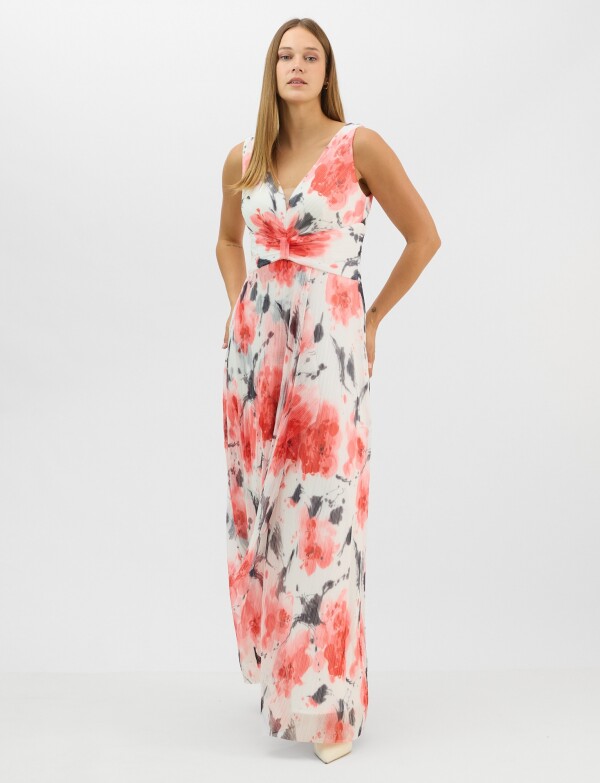 Vestido Largo Estampado Floral Con Escote BLANCO/MULTI
