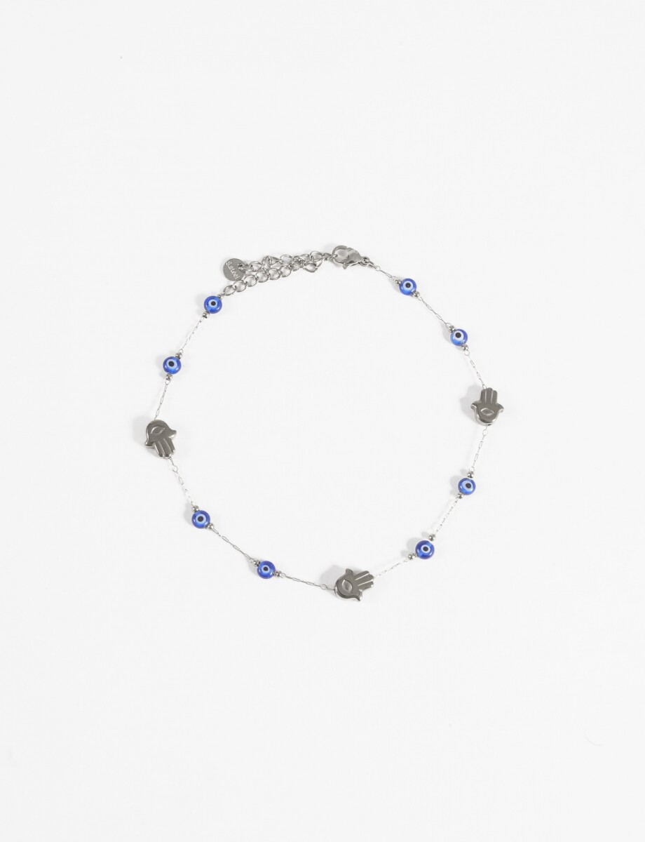 Tobillera acero ojitos hamsa resina - plateado 