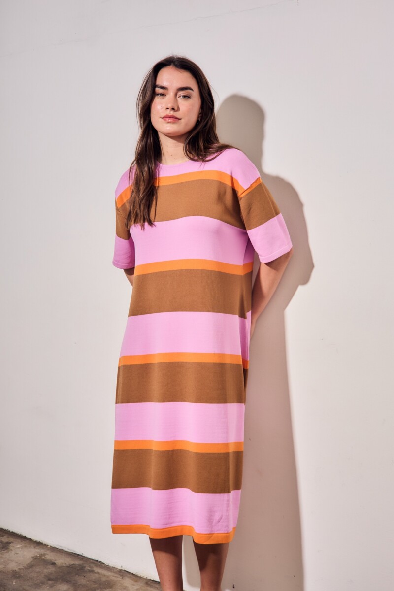Vestido Tejido A Rayas Rosa