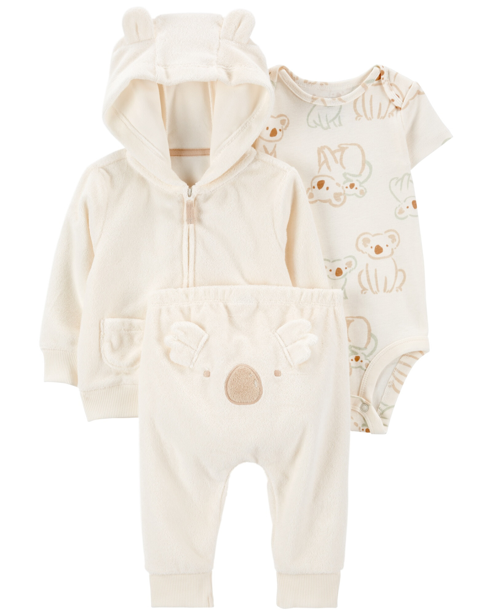 Set tres piezas, campera y pantalón de algodón terry más body de algodón, diseño koala Set tres piezas, campera y pantalón de algodón terry más body de algodón, diseño koala