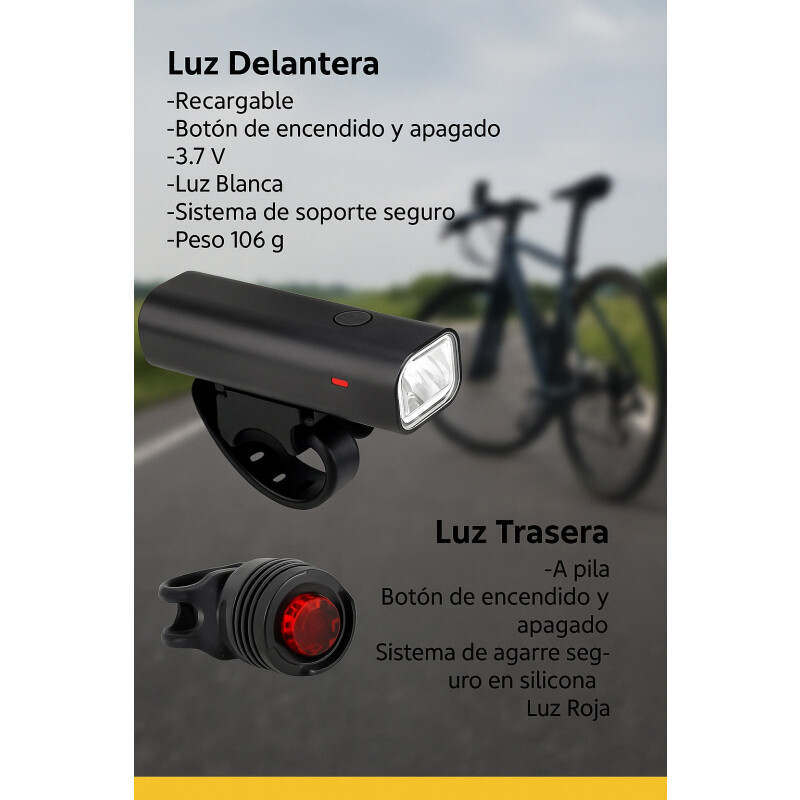 Luz Para Bicicleta Set Trasera + Delantera Recargable Negro