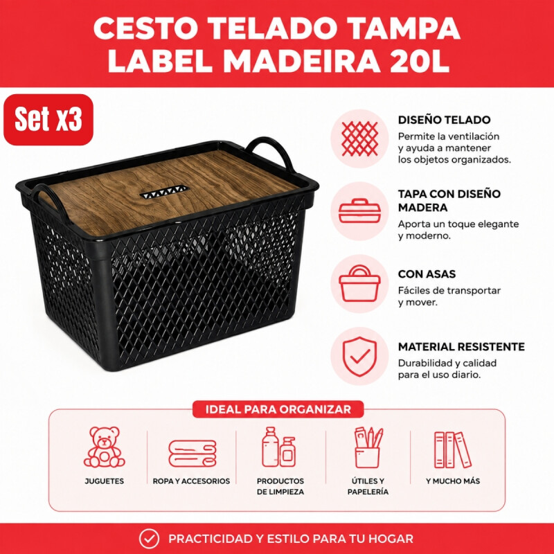 Set x3 Caja con tapa simil madera 20 Lts NEGRO