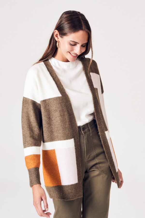 Cardigan Intarsia Color Block Safari