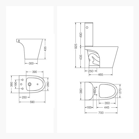 JUEGO DE LOZA BLANCO,INODORO DESCARGA A 25 CM, MOCHILA,TAPA Y BIDET PARA GRIFERIA BIMANDO LINEA MARINA MARCA FERRUM BLANCO
